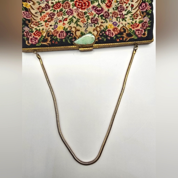 Vintage Asian Tapestry Needlepoint Floral Evening Bag With Jade Leaf Clasp